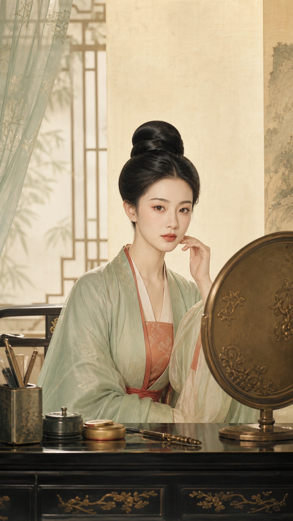 镜前等待簪冠的宋代女子